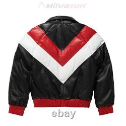 Men's Leather Jacket with Fox Fur Collar Bubble Leather V-Bomber Jacket
