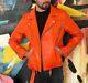 Men's Orange Leather Jacket Real Lambskin Biker Moto Belted Zipper Jacket 151