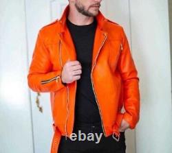 Men's Orange Leather Jacket Real Lambskin Biker Moto Belted Zipper Jacket 151