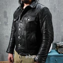 Men's Real Leather Trucker Jacket Western Denim Button Style Black Coat 106