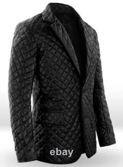 Men's Soft Quilted Genuine Black Sheepskin 100% Leather Coat Blazer Handmede