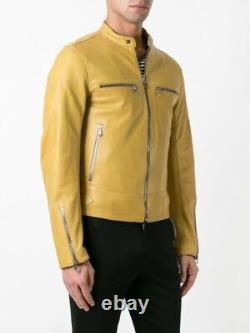 Men's Soft Yellow Leather Jacket Biker Motorcycle 100% Genuine Lambskin Jacket