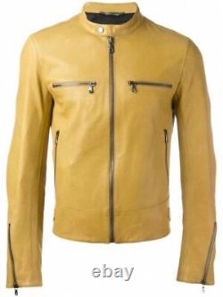 Men's Soft Yellow Leather Jacket Biker Motorcycle 100% Genuine Lambskin Jacket