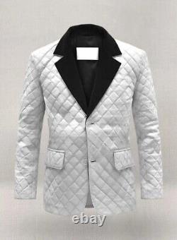 Men's White Soft Genuine Sheepskin 100% Leather BOCELLI QUILTED Coat Blazer