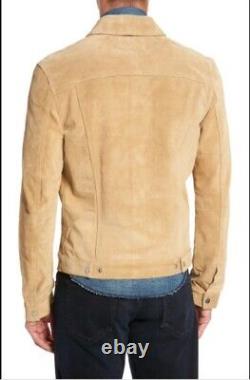 Mens Beige Trucker Suede Leather Shirt Jacket Men Leather Suede Trucker Jacket