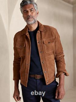 Mens Brown Leather Trucker Jacket Pure Suede Custom Made Size S M L XL 2XL 063