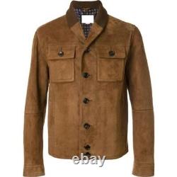 Mens Brown Leather Trucker Jacket Suede Custom Made Size S M L XL 2XL 3XL
