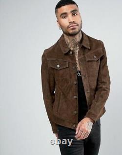 Mens Brown Trucker Suede Leather Shirt Jacket Men Leather Suede Trucker Jacket