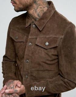Mens Brown Trucker Suede Leather Shirt Jacket Men Leather Suede Trucker Jacket