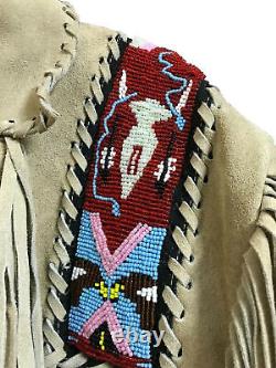 Mens Cowboy Western Leather Jacket Coat with Fringe & Beaded