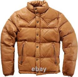 Mens Down Puffer Leather Jacket Casual Bomber Real Leather Puffy Fashion Coat
