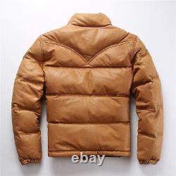 Mens Down Puffer Leather Jacket Casual Bomber Real Leather Puffy Fashion Coat