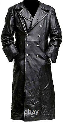 Mens German Classic Ww2 Military Officer Uniform Black Leather Long Trench Coat