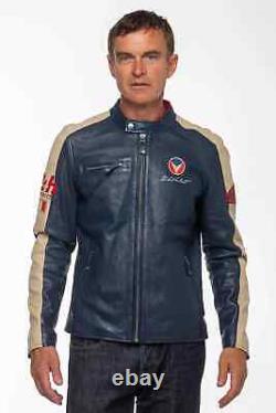 Mens Michel Vaillant Cafe Racer Leather Jacket Vintage Biker Motorcycle Jacket