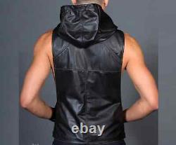 Mens New Black Motorcycle Hooded Leather Vest. Real Sheepskin Leather Biker Vest