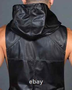 Mens New Black Motorcycle Hooded Leather Vest. Real Sheepskin Leather Biker Vest