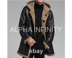 Mens New Hooded B-3 Brown Shearling Leather Jacket. Real Sheepskin Aviator Coat