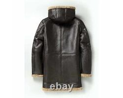 Mens New Hooded B-3 Brown Shearling Leather Jacket. Real Sheepskin Aviator Coat