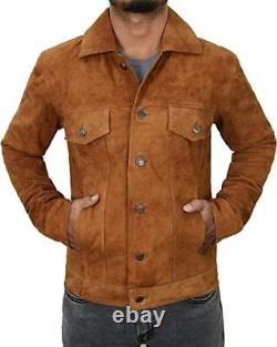 Mens Real Suede Leather Jackets Classic Motorcycle Bomber Brown Trucker Shirt