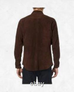 Mens Suede Jacket Shirt Dark Brown Men Leather Jacket Shirt With Pockets #9