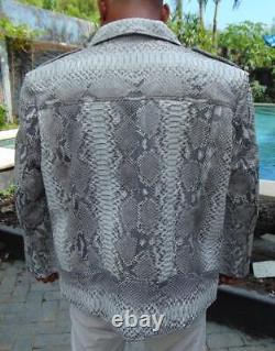 Mens White & Black Exotic Genuine Python Embossed Lambskin Leather Jacket