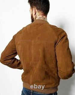 Motorcycle Genuine Lambskin Brown Handmade Men Leather Jacket Designer Suede