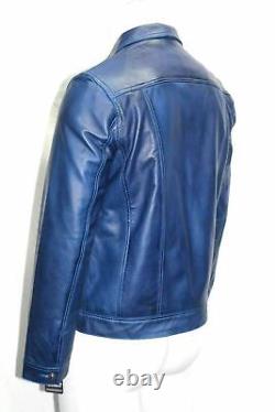 New Blue Motorcycle Men Real Genuine Lambskin Leather Party Biker Jacket