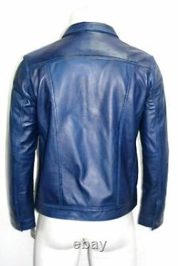 New Blue Motorcycle Men Real Genuine Lambskin Leather Party Biker Jacket