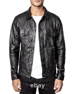 New Men's Black Lambskin Biker Jackets Crinkled Leather Jacket Leather All Size
