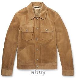 New Mens Tan Suede Trucker Leather Jacket Shirt Real Men Leather Jacket #133