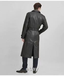 Original lambskin Leather Black Long Trench Coat Robe Handmade Fashion Formal
