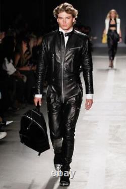 Party Men Lambskin Stylish 100%Original Casual Soft Black Leather Wear Jumpsuit