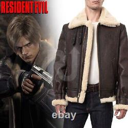 Resident Evil Leon Kennedy Jacket Men Genuine Leather Winters Bomber Fur Jacket
