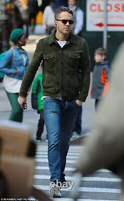 Ryan Reynolds Green Leather Trucker Jacket for Men Pure Suede Custom Made 076
