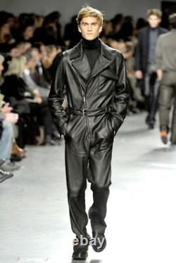 Stylish 100%Original Lambskin Casual Soft Men Party Black Jumpsuit Leather Wear