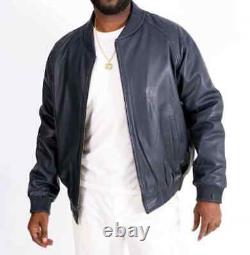 Stylish Men 100% Real Soft Lambskin Leather Navy Blue Bomber Jacket Handmade