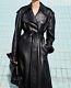Women's Black Halloween Trench Coat Barbie Soft Lambskin Leather Long Over Coat