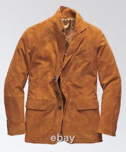 Blazer en cuir marron pour homme, pur manteau en daim, veste à 2 boutons taille S M L XL XXL