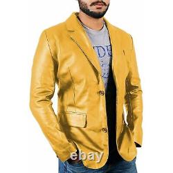 Blazer en cuir véritable jaune pour homme en peau de mouton avec deux boutons, veste élégante coat.