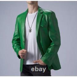 Blazer en cuir vert pour homme authentique 100% peau de mouton avec 2 boutons