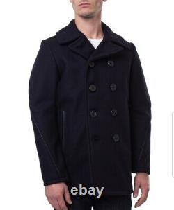 Manteau Pea Coat pour homme Schott en laine avec garniture en cuir véritable, taille 48, fabriqué aux États-Unis.