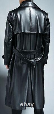 Manteau long de trench en cuir véritable d'agneau noir élégant pour homme fait main formel