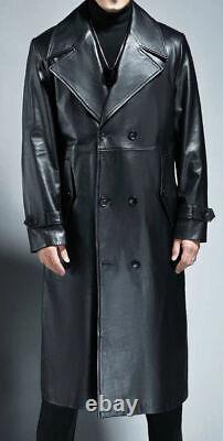 Manteau long de trench en cuir véritable d'agneau noir élégant pour homme fait main formel
