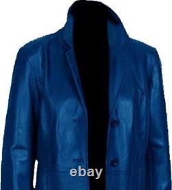 Manteau long en cuir bleu pour homme 100% cuir véritable - Trench-coat plein longueur
