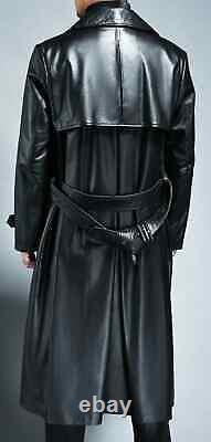 Manteau long trench pour homme élégant en cuir d'agneau noir fait main formel