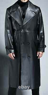 Manteau long trench pour homme élégant en cuir d'agneau noir fait main formel
