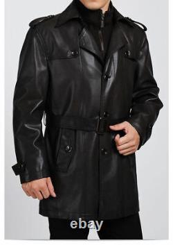Nouveau manteau en cuir noir de luxe en agneau véritable pour homme
