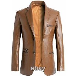 Nouveau manteau-veste en cuir d'agneau véritable couleur beige pour homme à 2 boutons
