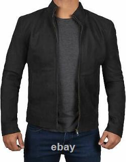 Nouvelle veste en cuir véritable en daim élégante pour hommes avec fermeture éclair pour moto de couleur noire.
