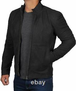Nouvelle veste en cuir véritable en daim élégante pour hommes avec fermeture éclair pour moto de couleur noire.